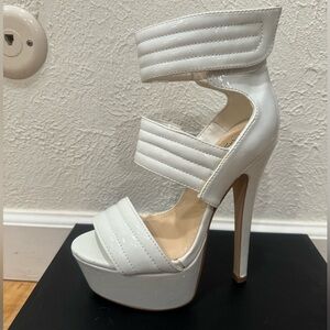 White patent faux lather platform sandals high heels